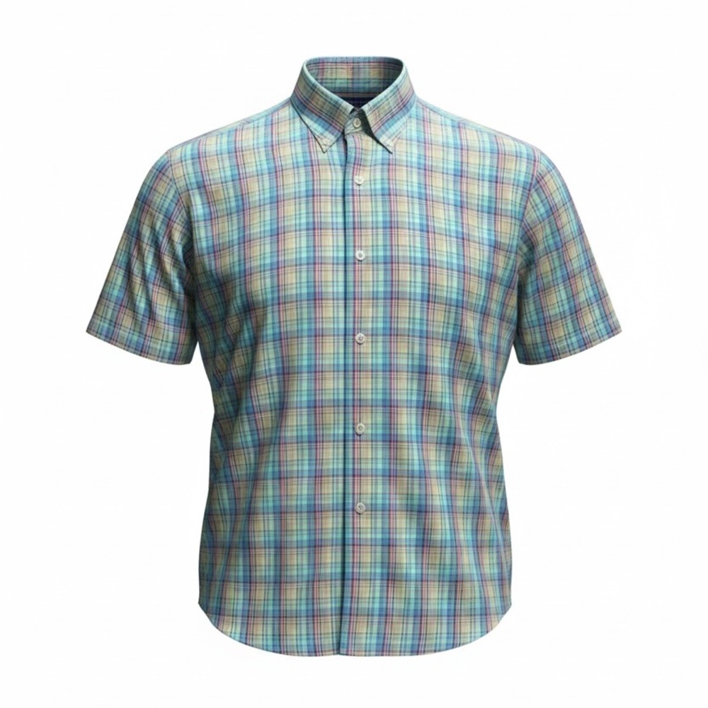 Alan Flusser Mens Shirt Plaid Button Down Short‎ Sleeve COLORFUL Plaid Size L